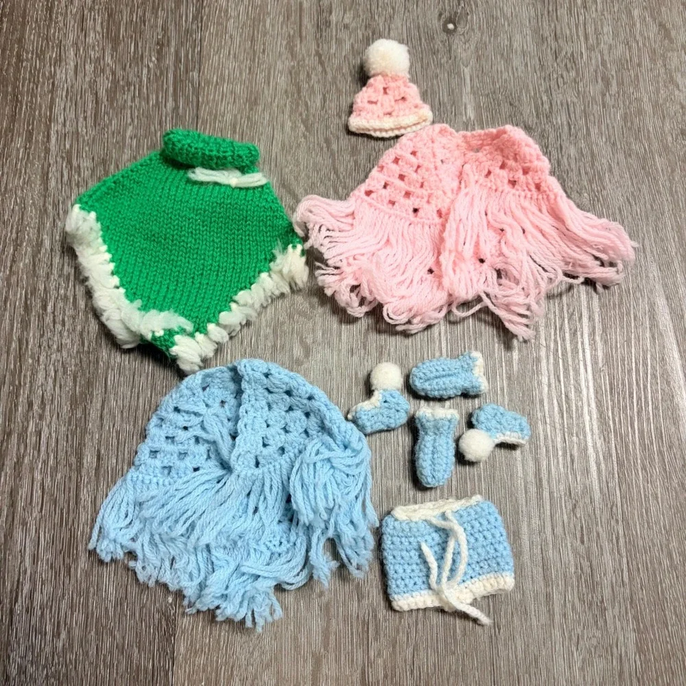 Vintage Handmade Crochet Knit Doll Clothes Poncho Shawl Hat Booties Set 7pc